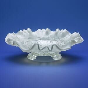 Vintage Milk Glass Ruffled Candy Dish Footed Compote Clear Trinket Bowl Defect
